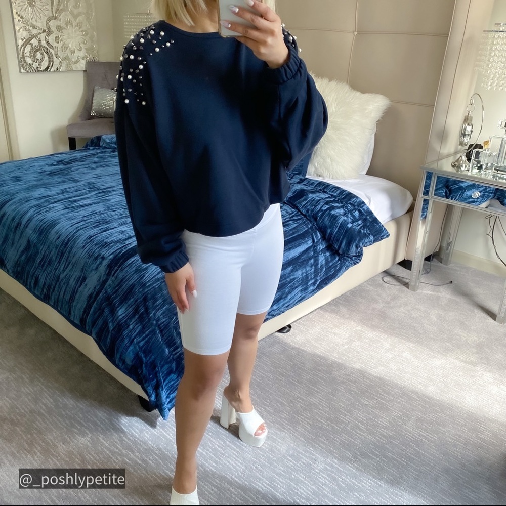 Blue drop shoulder pearl detail pullover dropped dolman long sleeve sweater